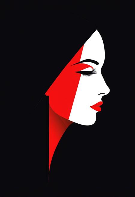 minimalist (stylized:1.2) vector art illustration, profile of a woman in a black and white and red color scheme, simplified shapes, flat colors,  negative space to achieve the illusion of a face, reduced details, strong geometric shapes, black background, highly stylized graphic design
