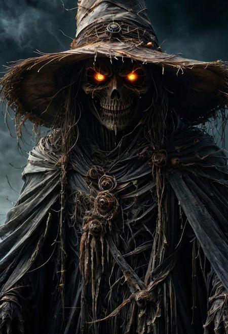 Scarecrow of the Apocalypse. A menacing figure cloaked in darkness, adorned with tattered robes and a weathered hat. His eyes glow with an otherworldly light, instilling fear in all who cross his path. His presence heralds doom and despair, a harbinger of the end times. Capture the eerie essence of his form in a single scene. DEVIL SPAWN.