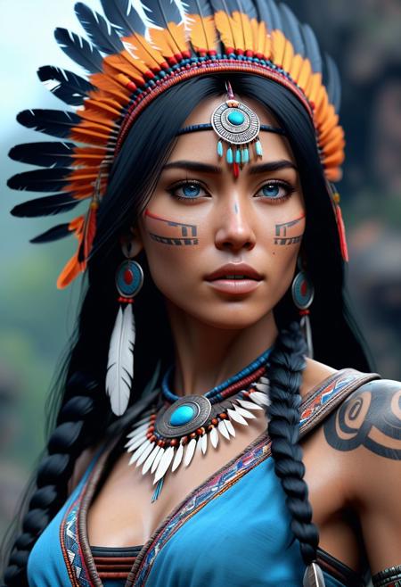 High resolution ultra-realistic of Mysterious beautiful native American with black hair, utra-realistic body, 8k, fantasy style, bright forest, colorful ruins, cinematic lighting, bright colors, sharp focus, dramatic atmosphere, Realistic beautiful blue eyes, female native American, Intricately Designed body covered in traditional outfit, beautiful, Silent Stance, CGSociety, slim body, perfect skinny figure, beautiful perfect detailed pupils, ultra quality, Cinematic Lighting, defiant, 8K, full body, full-figured, full frame, tribal tattoos, dressed, clothed