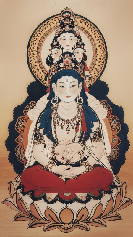 Duohuan,(illustration:1.1),(bestquality),(masterpiece:1.1),soft portrait shot 8 k,jewelry,solo,1boy,barefoot,holding,sitting,necklace,bracelet,male focus,indian style,circle,earrings,full body,lotus throne,Heavenly eye,Multiple heads,
<lora:Dunhuang V2.0-000009:1>,