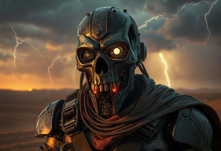 8K UE5/Octane render of a post-apocalyptic cyborg warrior (Mad Max-inspired) with hyper-detailed welded steel skull mask, exposed hydraulic jaw, and rusted cybernetic arms. Volumetric supercell storm backdrop with lightning-lit sandstorms. Design fuses George Miller's dystopian grit with H.R. Giger's biomechanics: oil-leaking pistons, glowing subdermal vents, and HUD-equipped bionic eyes showing ammo/radiation stats. Golden ratio composition highlights battle-ready stance against heat-haze horizons. Rendered with nanite geometry for lifelike textures (bullet dents, frayed cables), real-time sand abrasion, and dynamic cloth physics on tattered cape. Post-processed with ARRI film grain, dieselpunk LUT, and thermal distortion. Tags: #CyberHorror #CharacterDesign #DieselPunk.