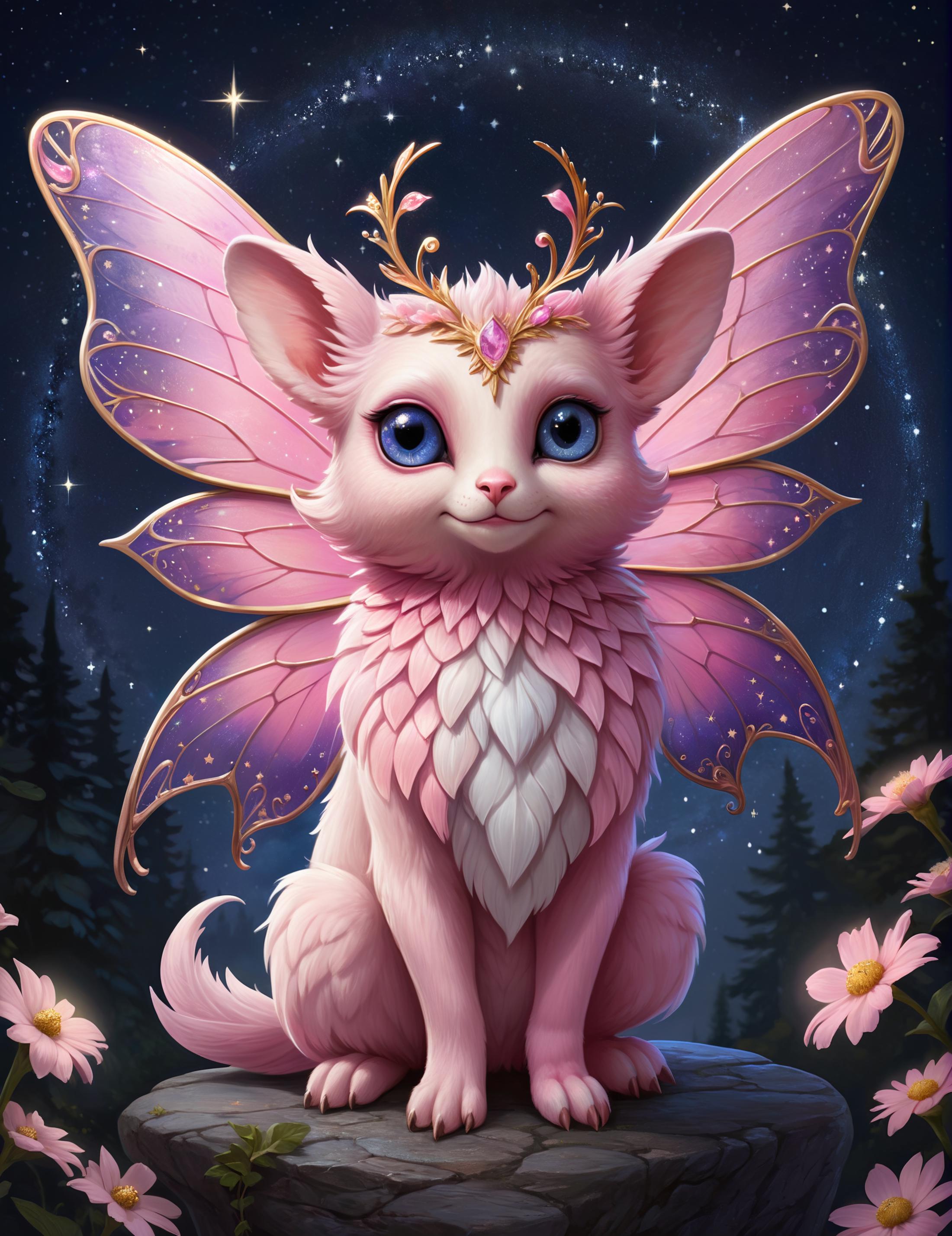 A pink and white cat with a crown sitting on a rock under a starry sky.