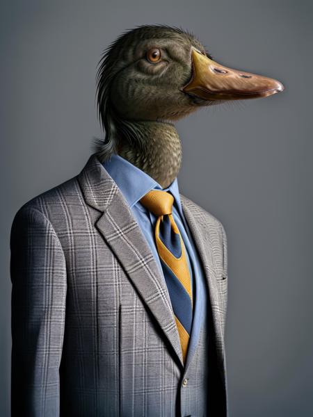 <lora:AnimalClothes:1>a duck wearing a suit and tie