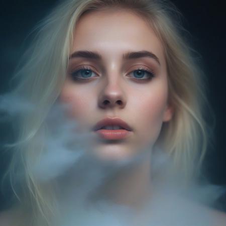 Beautiful blonde Young woman, 20 years old, cute face , moody, hazy, foggy, neon lights break through the dense fog, artsy, pop album cover shot, graphic design background, close up on woman's face