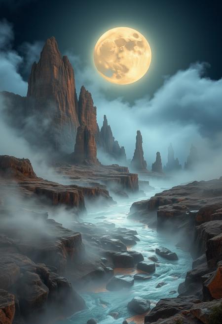 Imagine a dreamscape where natural beauty and surreal elements blend seamlessly. Boiling rivers carve their way through a rugged landscape, their surfaces shimmering with heat. The fog, thick and heavy, rises from the earth and merges with the low-hanging clouds, creating a mysterious, almost mystical atmosphere.
Towering rock spires, weathered by time, stretch towards the sky, their jagged forms seemingly supporting a glowing, full moon. These ancient pillars, rooted deeply in the earth, give the scene a sense of timelessness and natural grandeur. The colors are rich yet grounded, with the deep blues of the night sky contrasting against the warm, earthy tones of the landscape.
Every detail is meticulously rendered, from the delicate patterns of steam rising from the rivers to the rough textures of the spires. The overall effect is one of surreal realism, where the natural world is imbued with a dreamlike quality, blending the boundaries between what is real and what is imagined.