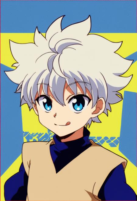 aullik, solo, looking at viewer, smile, short hair, bangs, blue eyes, simple background, shirt, 1boy, hair between eyes, upper body, white hair, male focus, tongue, tongue out, turtleneck, blue background, spiked hair, yellow background, :p, two-tone background, male child