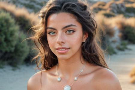 <lora:priscillahuggins-000016:1>  priscillahuggins Realistic 8K portrait: A young Smiling Freckles brunette, green eyes, wind-blown long hair, pearl necklace; dramatic lighting, cinematic colors; hyper-above