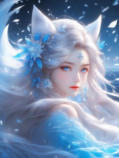 masterpiece, best quality,
official art, extremely
detailed cg 8k wallpaper,
(flying petals)
(detailed ice) , crystals
texture skin, cold
expression, ((fox ears)),
white hair, long
hair, messy hair, blue eye,
looking at viewer,
extremely delicate and
beautiful, water, ((beauty
detailed eye)), highly
detailed, cinematic
lighting, ((beautiful face),
fine water surface, (original
figure painting), ultra-
detailed, incredibly
detailed, (an extremely
delicate and beautiful),
beautiful detailed eyes,
(best quality), (masterpiece,best quality:1.5)