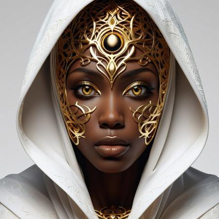 A captivating fantasy portrait of a ebony woman shrouded in a white hooded cloak with only her face visible. Her face is adorned by intricate golden symbols. And she has piercing eyes and full luscious lips. The background is a pure white minimalist backdrop so that everything except her face is white.