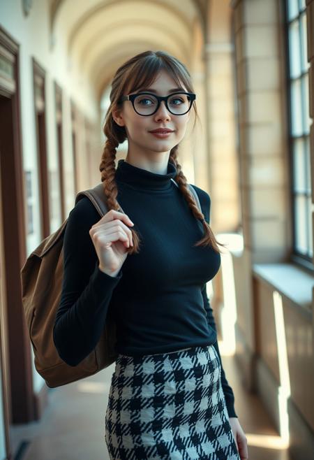 score_9, score_8_up, score_7_up, (realistic:2) , beautiful , masterpiece, thighs up photo,  
Nerdy 21 year old woman, college girl, nervous, timid, looking slightly to the side, cute round face:0.8, pale white skin, light freckles:0.7, big blue eyes, black rimmed glasses,  long shiny brown hair in twin braids with bangs, full pouty lips, lips parted:0.8, teeth visible, naturally red lips,  medium firm round breasts:0.8, petite body, wide hips, skinny:0.9, tight black turtleneck sweater stretched tight over her breasts:0.9, knee length black and white 
houndstooth pencil skirt:0.8, worn leather backpack slung over one shoulder, adjusting her glasses with one hand, walking through hallway of old college, beautiful side lighting from large windows,