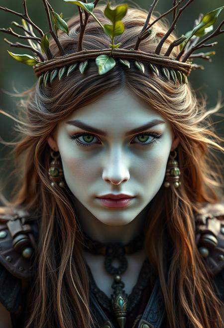 symmetrical medium shot of the forest Princess, serious face expression, beautiful, perfect makeup, extremely beautiful, green eyes, long brown hair, leather clothes, wood armour, tribal jewelry, branches and leaf crown, hyper realistic, ultra detailed, translucent white skin, white skin, mist, wind