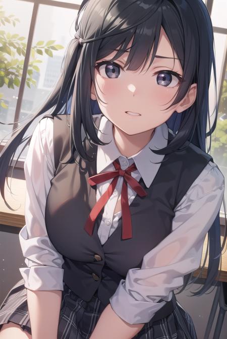 setsunayuuki, <lora:setsunayuuki-lora-nochekaiser:1>, 
setsuna yuuki, (black eyes:1.5), black hair, long hair, one side up, (medium breast:1.2), 
BREAK armband, blue vest, buttons, collared shirt, dress shirt, grey skirt, neck ribbon, nijigasaki academy school uniform, plaid, plaid skirt, pleated skirt, red ribbon, ribbon, school uniform, shirt, short sleeves, skirt, summer uniform, vest, white shirt,
BREAK looking at viewer, 
BREAK indoors, classroom, 
BREAK <lyco:GoodHands-beta2:1>, (masterpiece:1.2), best quality, high resolution, unity 8k wallpaper, (illustration:0.8), (beautiful detailed eyes:1.6), extremely detailed face, perfect lighting, extremely detailed CG, (perfect hands, perfect anatomy),