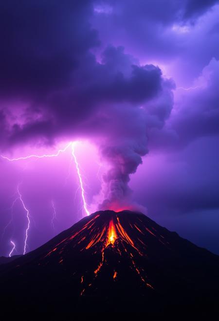 purple lightning over an erupting volcano, lightning strikes in the clouds of soot of the volcano