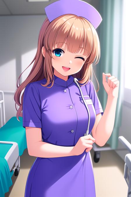 (masterpiece, best quality), highly detailed background, perfect lightingbest quality, yuukinae, solo, indoors, hospital, nurse, nurse cap, brown hair, twintails, long hair, one eye closed, blue eyes, pink dress, (arm up, hand up), smile, open mouth, ;d, pink lips, <lora:Yuuki-Nae:0.7>