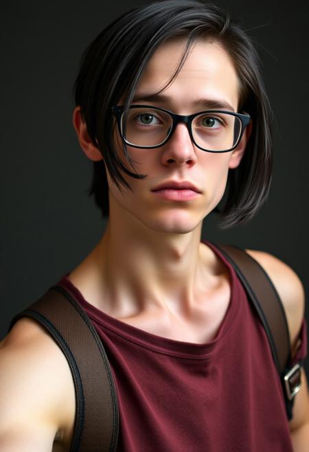 20 years old caucasian man, pale skin, shoulder length black hair, thin, dark green eyes, glasses, looking at viewer, nerdy looks and outfit