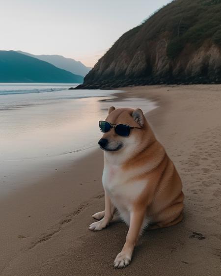 <lora:Cheems_50_2-000001:.85> fine art portrait of cheems at a private beach wearing sunglasses, centred composition, cinematic lighting