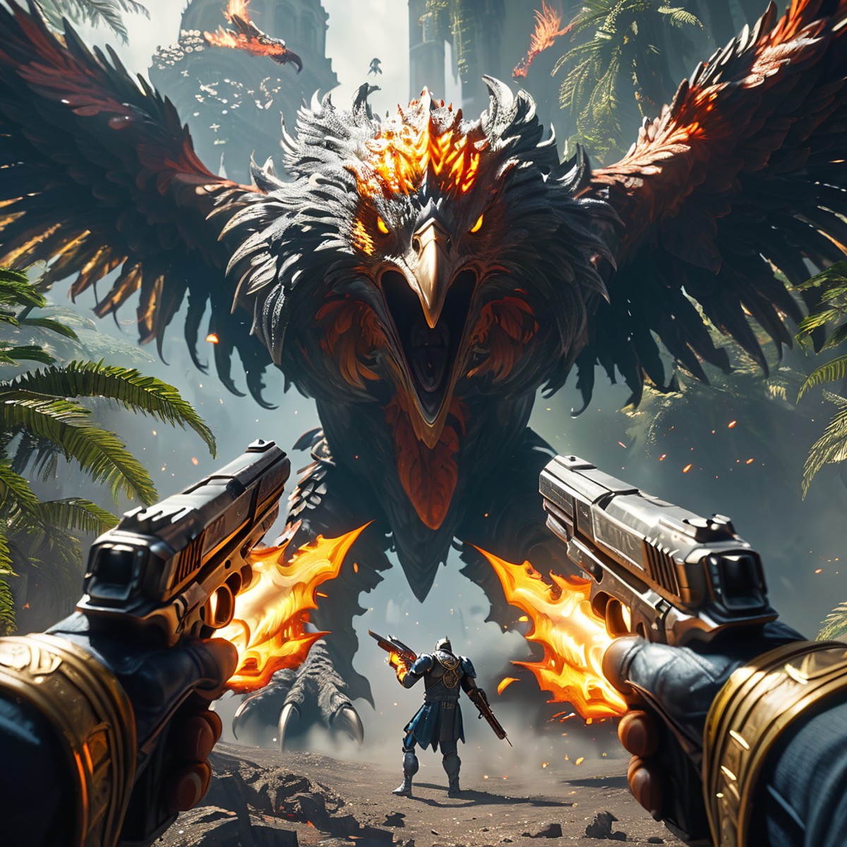 Cinematic shot of a knight holding pistols in each hand, fighting a big burning phoenix boss, jungle in background, dual p...