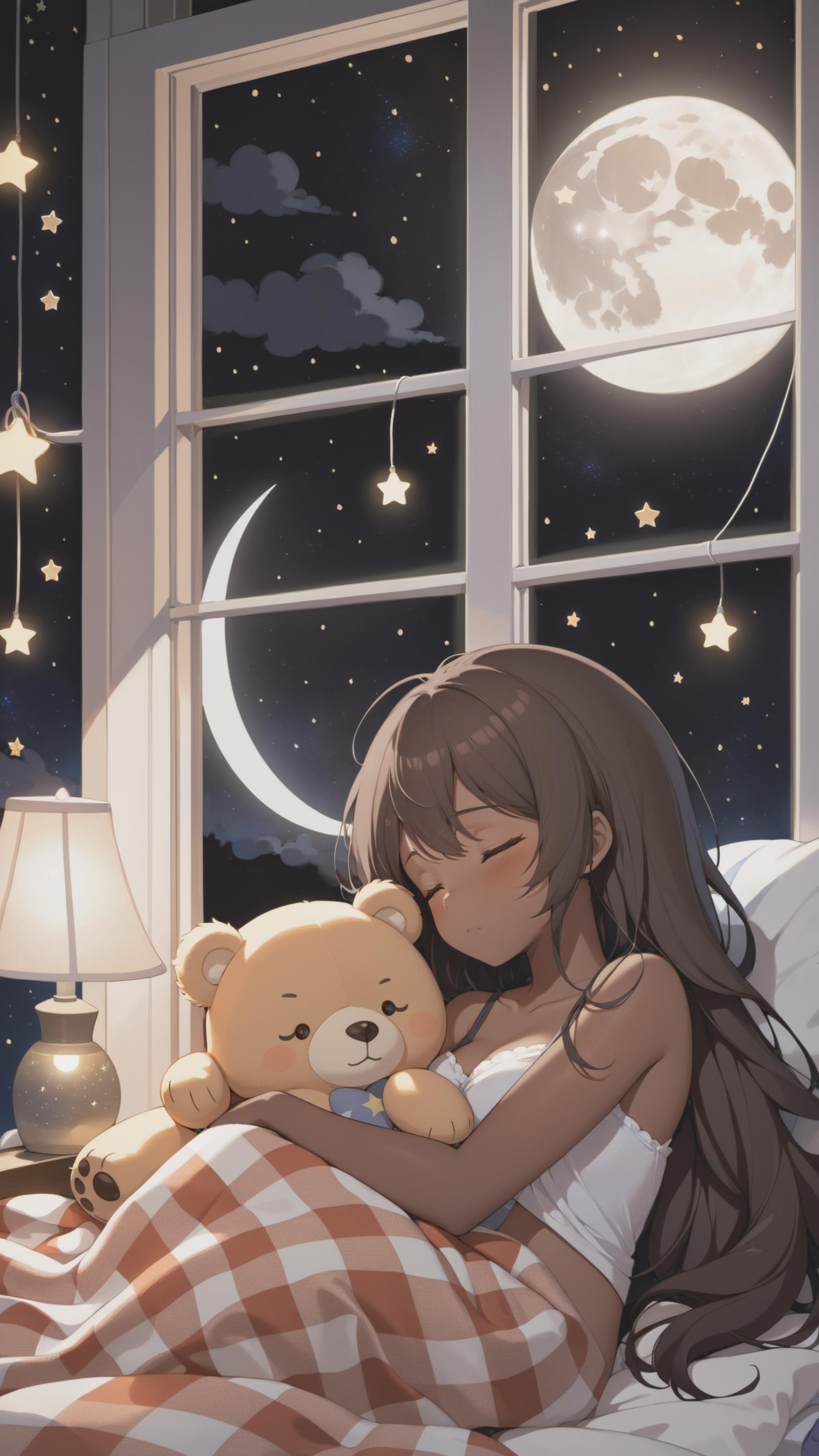 A woman sleeping with a teddy bear in a bedroom at night.