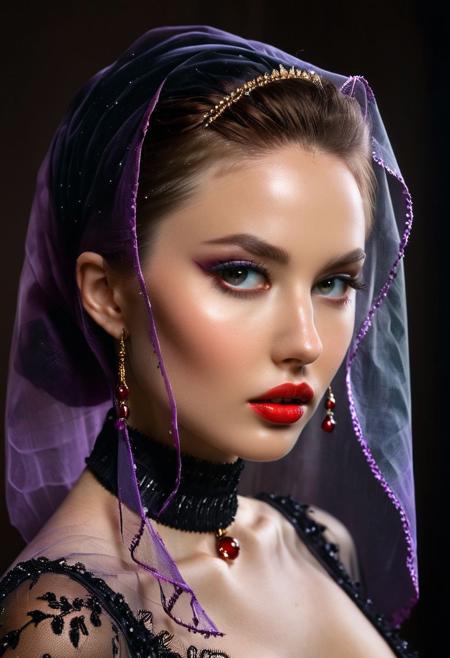 A professional (fashion photo photography:1.2),a  (studio portrait:1.2),showing (surrealistic style:1.1),(black purple gradient background:1.2),(exaggerated character movements:1.5),against glass,(masterpiece, best quality:1.4), perfect body,  long hair, brown hair, brown eyes, parted lips, , detailed skin,model photoshoot, long bob-cut hair, shiny oiled skin, pale skin,  pale white skin, shiny oiled skin, pale skin, realistic eye and face details), hyperrealism, very slim,  4k HDRvaporwave style Ultra High Resolution, wallpaper, 8K,Rich texture details, hyper detailed, detailed eyes, detailed background, dramatic angle,Ultra High Resolution, wallpaper, 8K,Rich texture details, hyper detailed, detailed eyes, detailed background, wearing translucent veils, elegant profile pose, dark photography, dramatic lighting, black background, deep shadows, chiaroscuro, (old russian folk light dress red ornaments:1.1) slim elegant russian girl folk hairstyle halo above head (icon style:1.2) choker, make-up photography by (Ethel Warwick:1.3), modelshoot, pose, , (Ethel Warwick: 1,2) award winning photo macro shot  dramatic lighting,philosophical dimensions,NIKON Z9,35mm,f/1.2,RAW format,stark composition.,(muted tones:1.2),award winning photo,(dream-like quality:1.2),