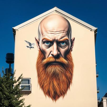 An astonishing hyperrealistic mural by Smug One, featuring the portrait of a bald man with a strikingly detailed long, reddish beard. The man’s intense, piercing blue eyes and finely textured skin make the image incredibly lifelike. A small bird is depicted flying toward a black hole in the wall, which seamlessly integrates into the mural, adding a playful and dynamic element. The artwork occupies the entire gable of a white building, and the muted beige background squarely frames the face, emphasizing its prominence. The scene is set against a bright blue sky, enhancing the contrast between the detailed portrait and its urban environment.