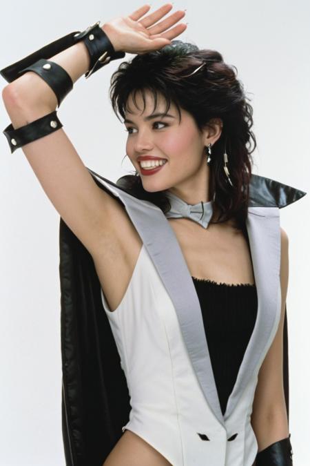 hires digital photo, photorealism, simple white background, upper body, profile view, looking back at viewer, arms raised, dark hair, sharp fangs, od3tt3b@1u, od3tt3b@1u_outfit  <lora:Odette_Balu_Transylvania_65000_Geena_Davis_XL:1>, intricate details, high resolution,