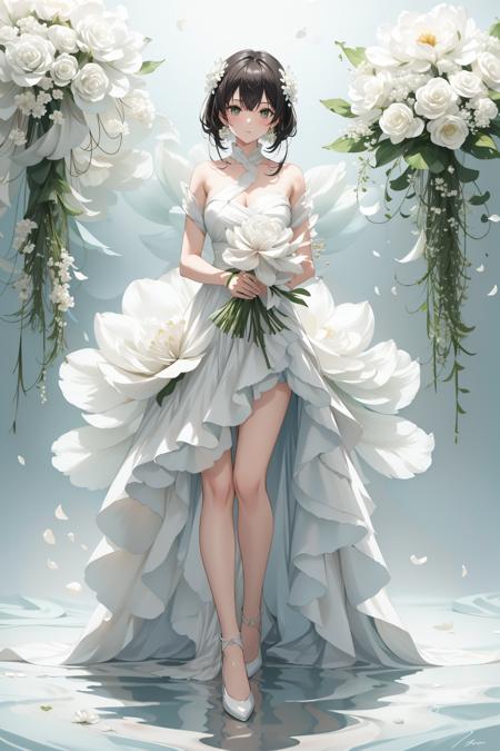floral dress, simple background, flower, signature, blood, white flower, green background, bouquet, still life