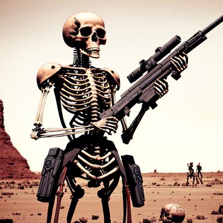 photo, a drawing of a skeleton holding a machine gun (MartianWarlord style:1) <lora:djzMartianWarlordV21:0.8>