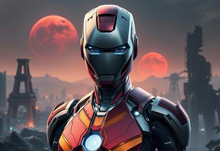 Create a digital concept art of a female Iron Man character in the style of Mary Jackson, with a full-body front view. The character should have colorful light metal armor, a grey metal body, and a pointed chin. The background should be a Clockwork Night-inspired cityscape with a broken ruin of a Pacific Rim Jaeger, and a red rising planet visible in the distance. The scene should have a high contrast, cinematic feel, with a focus on intricate and elegant details. The artwork should be rendered in Unreal Engine and have a sharp focus. The desired output should be a high-quality digital painting with a resolution of 1088 height, suitable for Artstation and CGSociety.