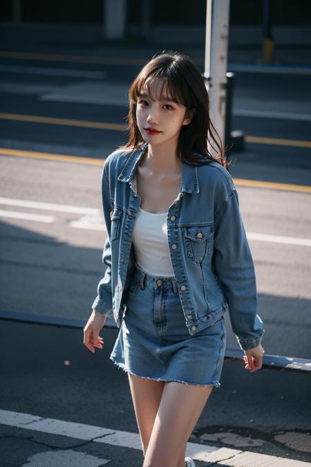1girl, solo, skinny, pale skin, smooth skin, beauty, light makeup, medium breasts, looking at viewer, standing, 
camisole dress, denim jacket, white sneakers, 
(masterpiece:1.2), best quality, ultra high res, raw photo, perfect lighting, soft light, rim light, (realistic, photorealistic:1.4),