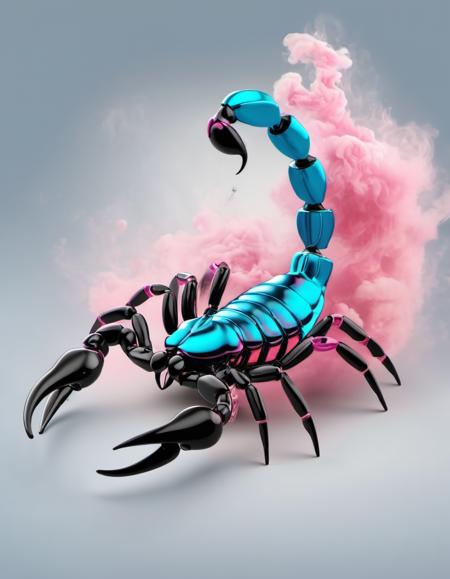 (Realistic:1.5) EdobScorpion, breasts, grey background, smoke, blue theme, pink background, mechanization, black pants, flying, transparent background, shirt, no humans,  <lora:EdobScorpionArtistic_XL_v1.0:0.8>