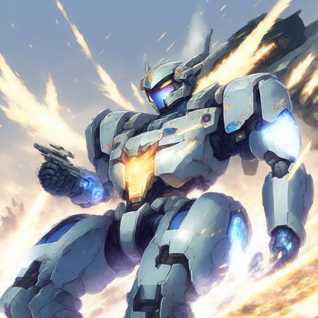 anime Mecha Battle, lasers, explosions, fire, destroyed structures, Mobile Suit Gundam Fighting (GundamFight style:1) <lora:djzGundamFight:0.8)