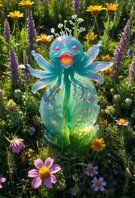 A slime creature in a meadow holds a flower in one of its appendages, extending it toward the viewer. The slime, with its translucent, shimmering body, glistens under the sunlight, reflecting the vibrant colors of the surrounding wildflowers. <lora:Slime-morph:0.8>  <lora:xl_more_art-full_v1:0.8>