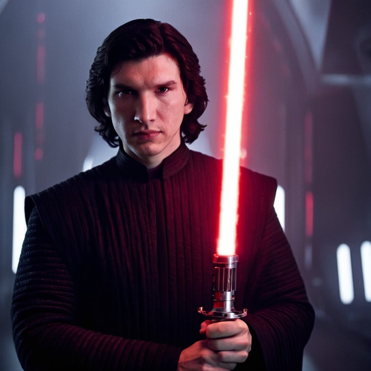 cinematic film still of  <lora:Ben Solo:1>
Ben Solo a man in a star wars outfit holding a red light saber in star wars uni...