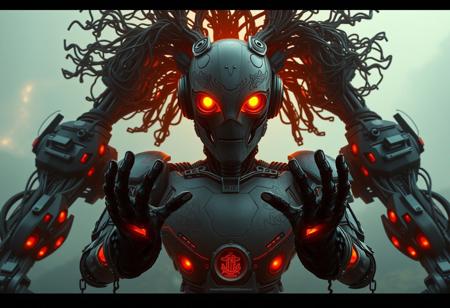 "Generate a hyper-detailed, cinematic rendering of a robot sitting atop an ancient temple gear factory. The robot has a powerful chin, black scribbles and wiggles on its body, and eyes that glow like embers. Its large shoulders and imposing presence evoke a sense of radiant glory. Incorporate the contrasting colors black and orange into the design. The robot's body is made of wires but has a tree-like appearance. The image should be trending on ArtStation and have a museum piece quality. Include hands reaching out in a pose that conveys a sense of transformation, as if the robot is becoming human. Ensure the lighting is dramatic and highlights the intricate details of the robot's design."