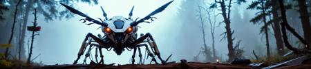 Lush dense natural late night forest scenery from "horizon zero dawn" cloudy stormy; (long shot:1.5) of a white and black mechanical robotic machine inspired by "Horizon zero dawn" resembling a giant (Stink Bug:1.4) fitted with futuristic weapons and glowing eyes; captured in a (long shot:1.4) with a full frame DSLR camera with a wide angle 35mm prime lens, with f/8 aperture, 1/500 sec shutter speed, ISO 100; UWQHD, wide-angle, wide-screen, ultra-wide, realistic depth, scale, rule of thirds, absurdres;  <lora:add-detail-xl:1.5>    <lora:compb0t:0.8> <lora:zkeleton:0.5>; canyons, flickering lanterns
