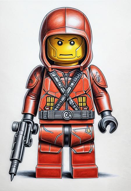 a color pencil drawing of LEGO MINIFIG ASSASSIN, in the style of detailed penciling, precision drawing, heavy shading, colorful drawings, hyperrealistic pencil drawings
