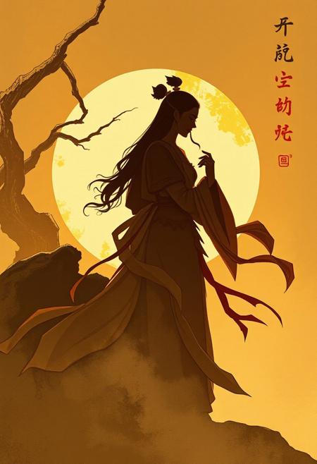 A dramatically lit, graceful and elegant silhouette of Niulang and Zhinv in a refined fantasy illustration. The Golden Age inspired artwork uses traditional media, warm earthy tones, and intricate textures to create a timeless charm.