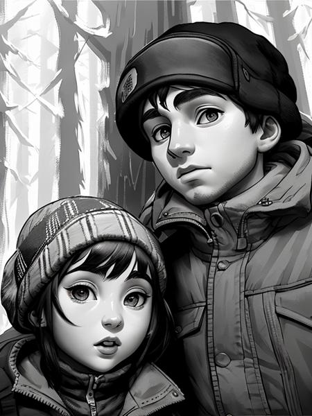 girl  and boy in the forest edge  , horrors, (TinyBunnyStyle:0.7) , monochrome, art  <lora:Tiny_Bunny:1>