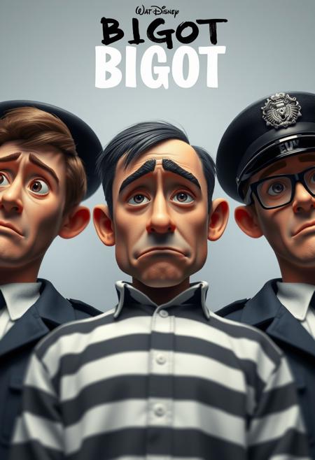 Pixar inspired poster, A perfect masterpiece pixar style movie poster of a pixar disney movie called "BIGOT", the word (BIGOT) is written at the top of poster in black and white sketchy font, the poster shows a close up of three a highly detailed CGI pixar charactes, in the middle a sad man in prisoner clothes, on his left and right two Pixar style British Police men, life-like masterpiece realitic photo, hyper realistic, A photogenic soft scene, digital 4k art, bokeh, depth of field, detailed eyes, 4K, vivid, extremely detailed, perfect anatomy, maximalist, dynamic, absurdres, 8k photography, three point perspective, Ultra-realistic, Hyperrealism