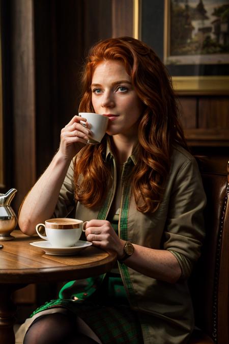 <lora:Rose_Leslie:1> masterpiece, best quality, detailed face, a mature r1873l, 1girl, solo, red hair, cup of tea, cafe, inside, table with a leprechaun, salt pepper pots, plate
