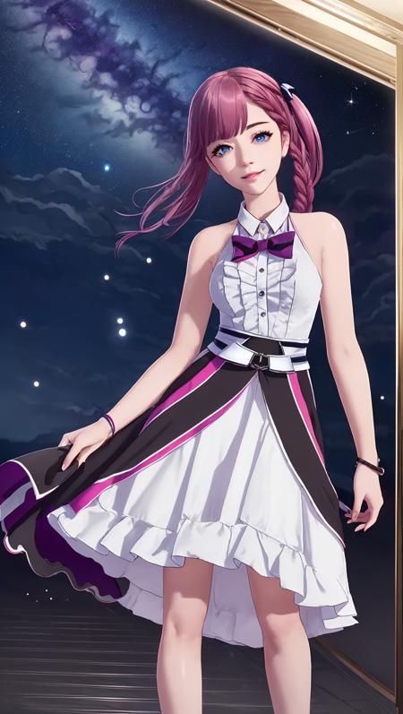 ((masterpiece)),(((bestquality))),((ultra-detailed)), asta,full body, looking at viewer,1girl, solo, shirt, blue eyes, bow, braid, sleeveless, sleeveless shirt, smile, long hair, looking at starry sky, black bow, skirt, bowtie, hair ornament, one side up, white shirt, bangs,bare shoulders, window, collared shirt, pink hair, frills, medium breasts, side braid, black bowtie, hair bow ,<lora:asta_20230706130251:0.6>, (very very beautiful starry sky:1.2),starry sky, (very very detailed eyes:1.2)