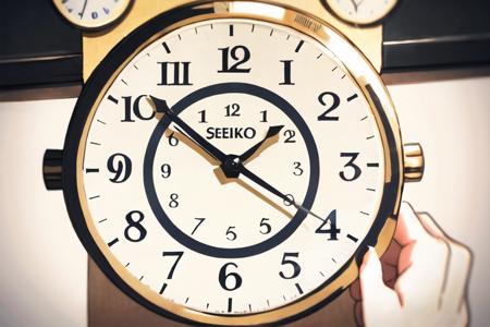 a hand holding a clock with the time 11 20 on it's face and the word seiko on it, 1girl, indoors, star_\(symbol\), english_text, clock