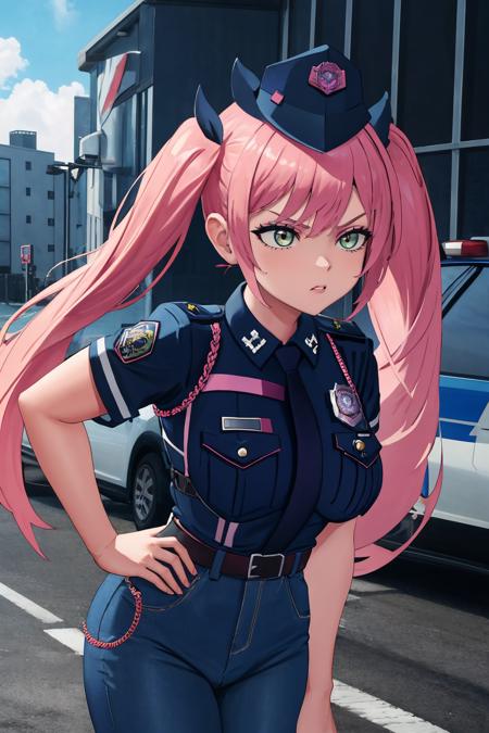 masterpiece, best quality, 1girl, solo, <lora:quiry-nikke-richy-v1:1> quiry, twintails, police, police uniform, policewoman, police hat, blue shirt, blue pants