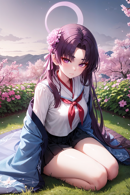 yukari kadenokouji, halo, very long hair, hair flower kimono, wide sleeves, serafuku, neckerchief, pleated skirt, white kneehighs, tabi