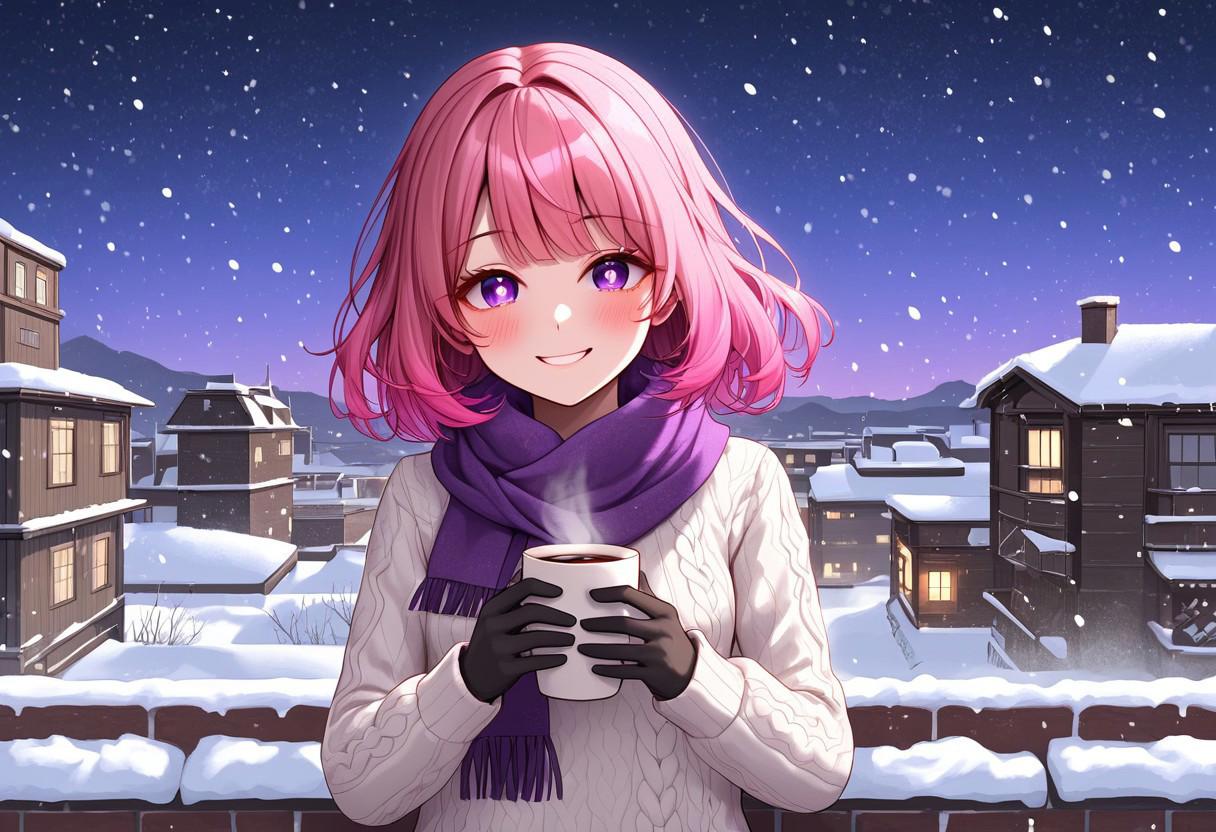 (masterpiece), best quality, expressive eyes, perfect face, perfect eyes, Highly detailed, 22 years old body, pink pupils, high detailed eyes, solo girl, gradient hair , pink hair, medium hair, left sidelocks, purple eyes, small breast, blush, warm smile, white ribbet sweater, purple scarf, black pantyhose, black gloves, holding a coffee with one hand, standing, on a rooftop, snow, snowing, in the night, starry sky, dappled light,