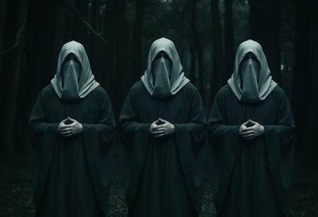 The characters in the image exudes an eerie, ritualistic presence. There are three identical figures standing in formation, cloaked in long, dark robes that shroud their entire bodies. Their faces and heads are wrapped in aged, tattered white cloth, hiding all identity and emotion. Hands clasped solemnly in front of them, they almost resemble mourners—or perhaps monks from some forgotten, shadowy order. The dense, dim forest behind them amplifies the unsettling stillness, casting them as ancient guardians or silent judges of a cursed domain.
They feel more like a single entity multiplied—an ominous trio with one collective purpose. I could imagine them as spectral watchers in a dark fantasy story, cultists of an eldritch god, or even avatars of judgment in a post-apocalyptic world.