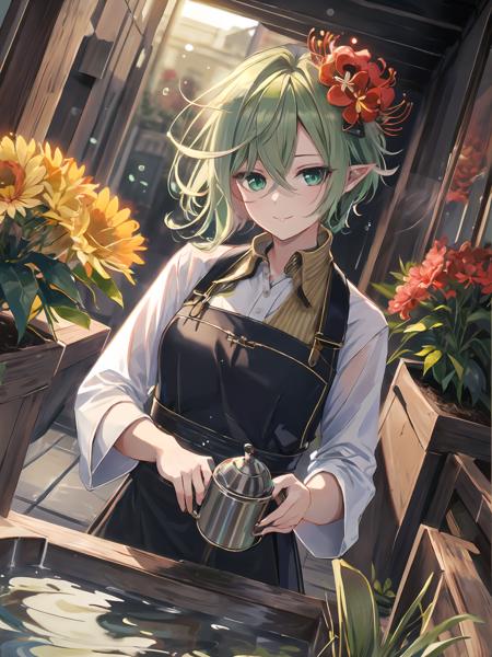 masterpiece,best quality,highres,cinematic lighting,dramatic angle,1girl,green hair,green eyes,hair flower,pointy ears,<lora:ShadowverseMagachiyoV3-000017:0.8:lbw=mgcy>,depth of field,necklace,looking at viewer,turning head,smile,gardener suit,work clothes,apron,white shirt,watering flowers,water can,flower shop,wooden floor,pots,<lora:add_detail:0.25>,flowers of different colors with waterdrops on it,streetscape,sunshine,