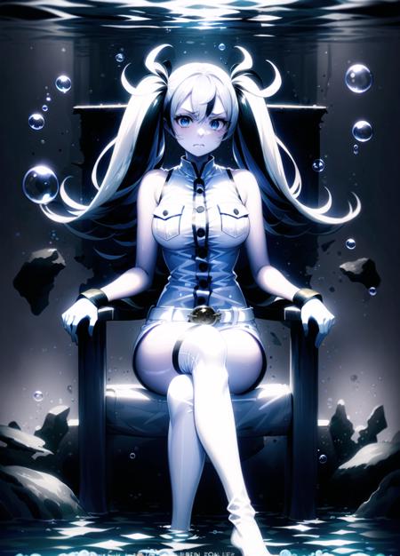 (crossed legs, elbow rest, leaning to the side, looking at viewer, sitting, throne:1.3), ewhime, (escort water princess:1.3), abyssal ship, open clothes, 1girl, (annoyed), solo, (colored skin, white skin, pale skin:1.3), blue eyes, twintails, (two-tone hair, white hair, black hair:1.3), large breasts, bare shoulders, breast pocket, buttons, gloves, short shorts, sleeveless shirt, white gloves, white shirt, belt, white shorts, white thighhighs, perfect hands, (surreal, underwater, aquatic flora, air bubbles, aquatic abyss, ocean floor, bubble, wreckage, debris, rocks, finely detailed background, amazing:1.3), <lora:GoodHands-vanilla:1>