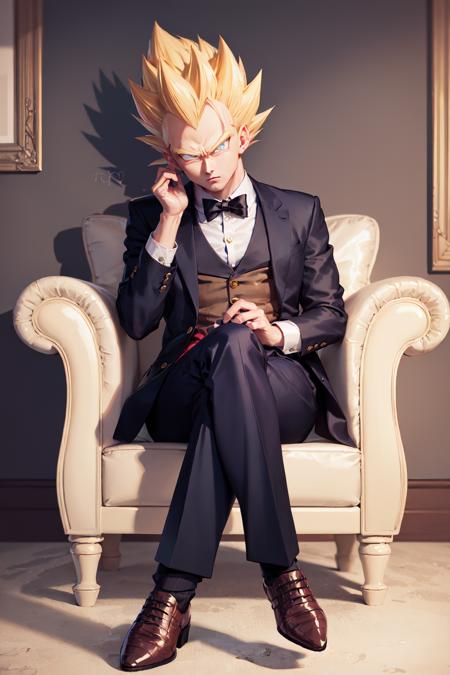 (masterpiece, best quality:1.2), <lora:dbz_vegeta-03:0.8>, <lora:lightningvfxCreateMore_v1:0.2>, solo, male focus, 1boy, vegeta, super saiyan, serious, looking at viewer, sitting in a fancy chair, crossed legs, blonde spiked hair, blue eyes, formal, red suit, red pants, surrounded by (yellow lightning:1.1)