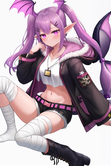 masterpiece, best quality, highres, solo, {manticore_arknights:1.10}, long_hair, purple_hair, head_wings, pointy_ears, purple_eyes, bangs, hair_ornament, tail, twintails, breasts, hairclip, pink_eyes, 1girl, bandaged_leg, bandages, black_footwear, black_jacket, black_shorts, boots, fur_trim, hood, hooded_jacket, jacket, long_sleeves, looking_at_viewer, shirt, short_shorts, shorts, simple_background, socks, white_shirt, bat_wings, belt, full_body, hood_down, midriff, navel, open_clothes, white_socks, wings, crop_top, dog_tags, fur-trimmed_hood, white_background, sidelocks, thighs